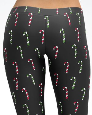 Cute Christmas Candy Canes Black Capri Leggings