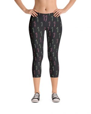 Cute Christmas Candy Canes Black Capri Leggings