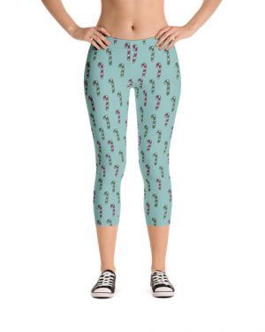 Cute Christmas Candy Canes Blue Capri Leggings