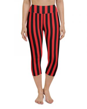 Black and Red Striped Yoga Capri Leggings