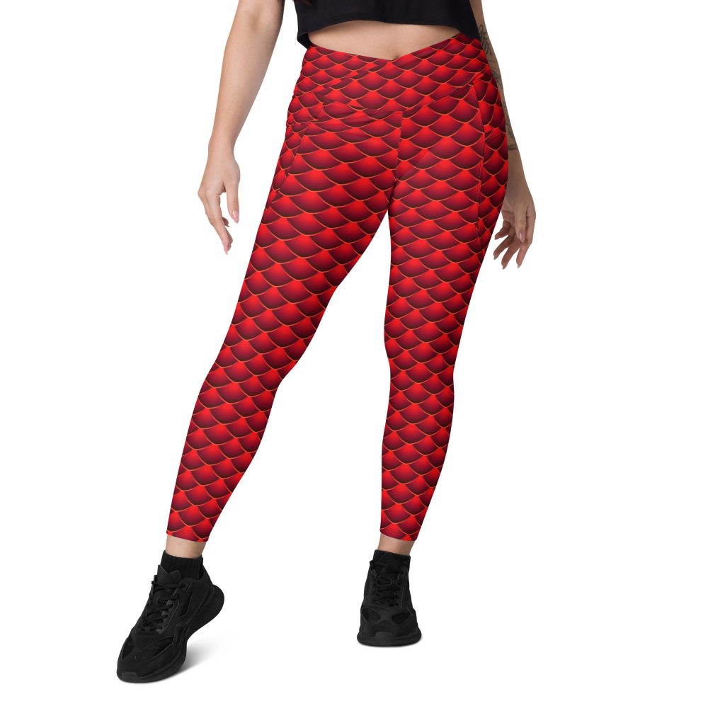 pocket leggings, crossover waist, leggings, high waisted, high waist, slim fit, red dragon costume, reptile costume, Lizard Costume, halloween costume, cosplay costume, rundisney, rundisney costume, activewear costume, dance costume, disneyland costume, festival costume, plus size costume, plus size, Woman's Costume, uv protection, activewear,