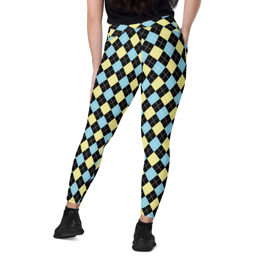 Argyle Black Yellow Blue Crossover leggings with pockets - Image 5