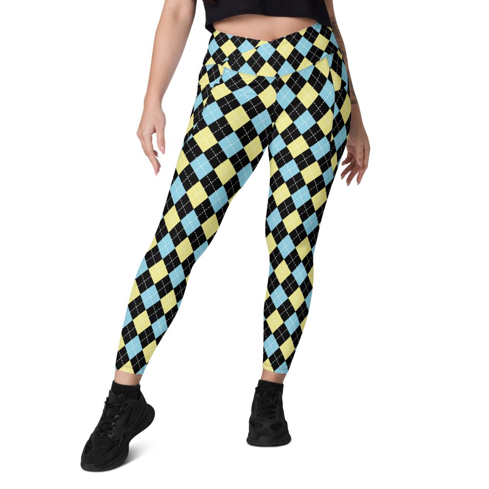 Argyle Black Yellow Blue Crossover leggings with pockets - Image 4