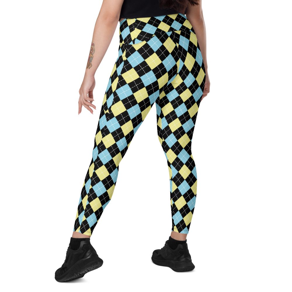 Argyle Black Yellow Blue Crossover leggings with pockets - Image 3