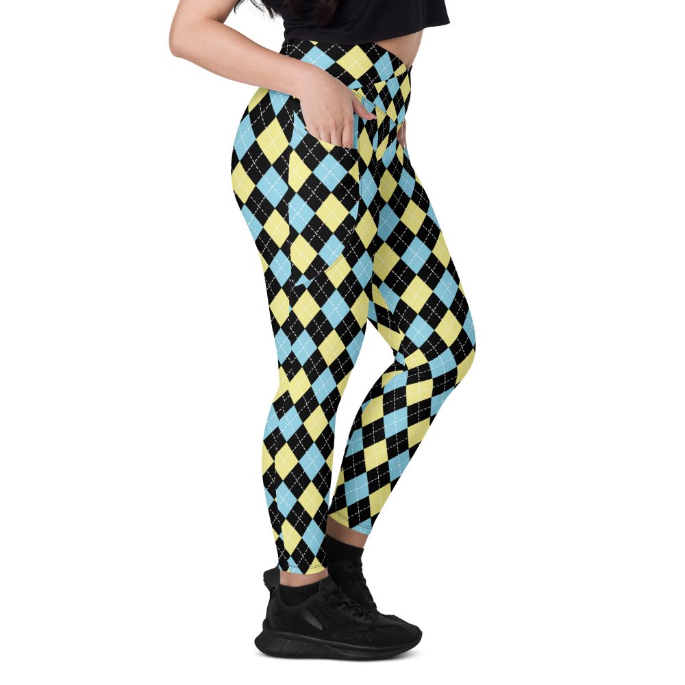 Argyle Black Yellow Blue Crossover leggings with pockets