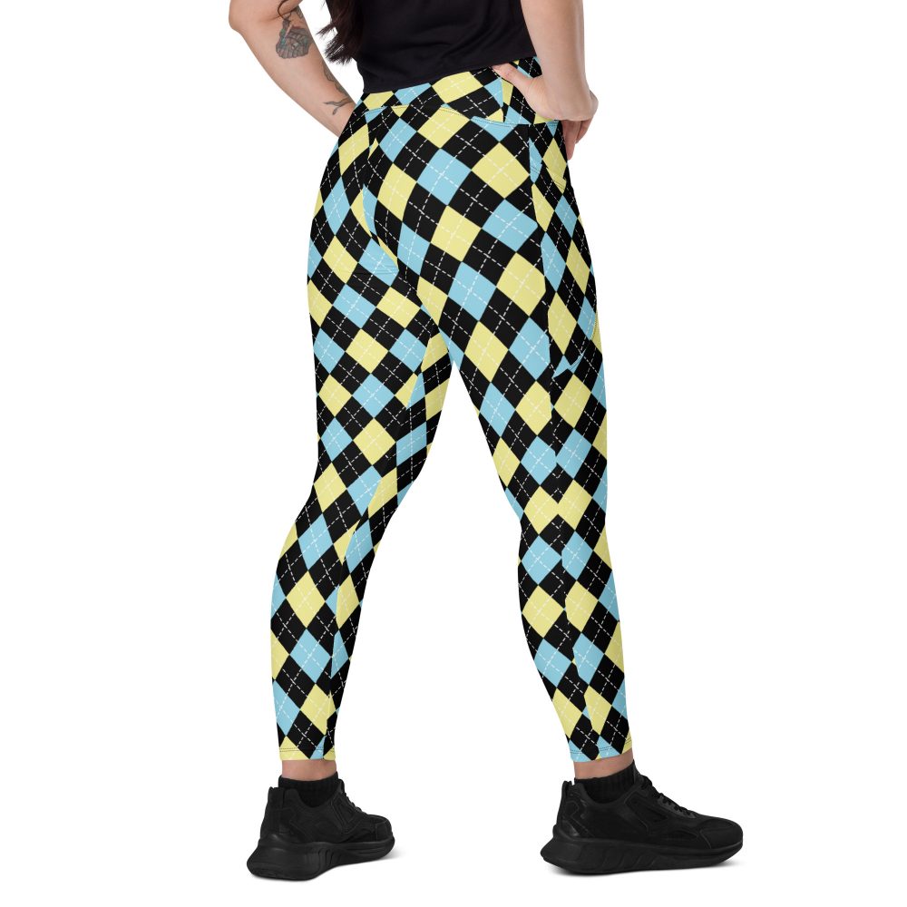 Argyle Black Yellow Blue Crossover leggings with pockets - Image 2