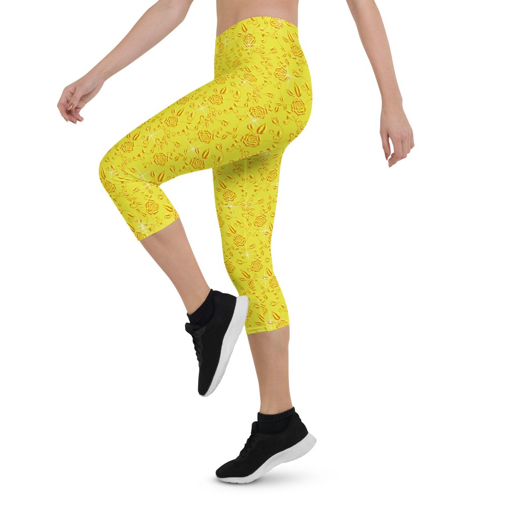 Snow White Cosplay Halloween Costume Yellow Flowers Capri Leggings - Image 3