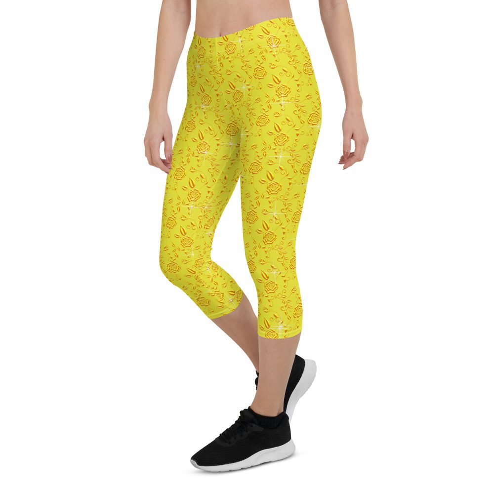 Snow White Cosplay Halloween Costume Yellow Flowers Capri Leggings - Image 5