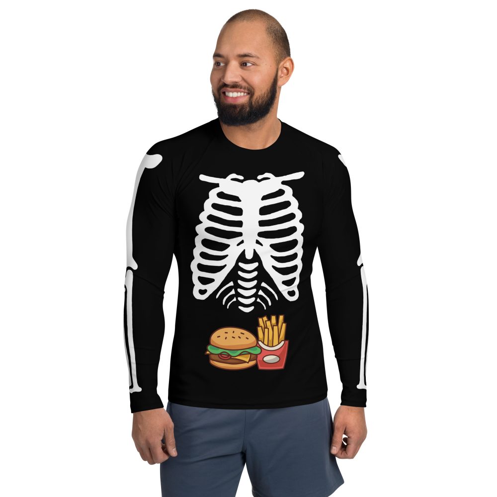 Skeleton Expecting Burgers and Fries Halloween Cosplay Costume Men's Rash Guard