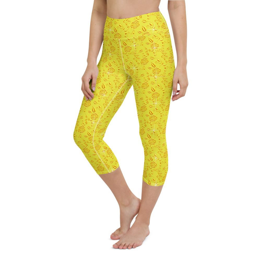 Snow White Cosplay Halloween Costume Yellow Flowers Yoga Capri Leggings - Image 3