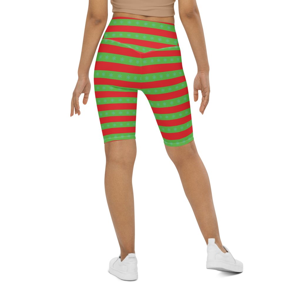 Christmas Bike Shorts Red and Green Striped with Snowflakes - Image 7