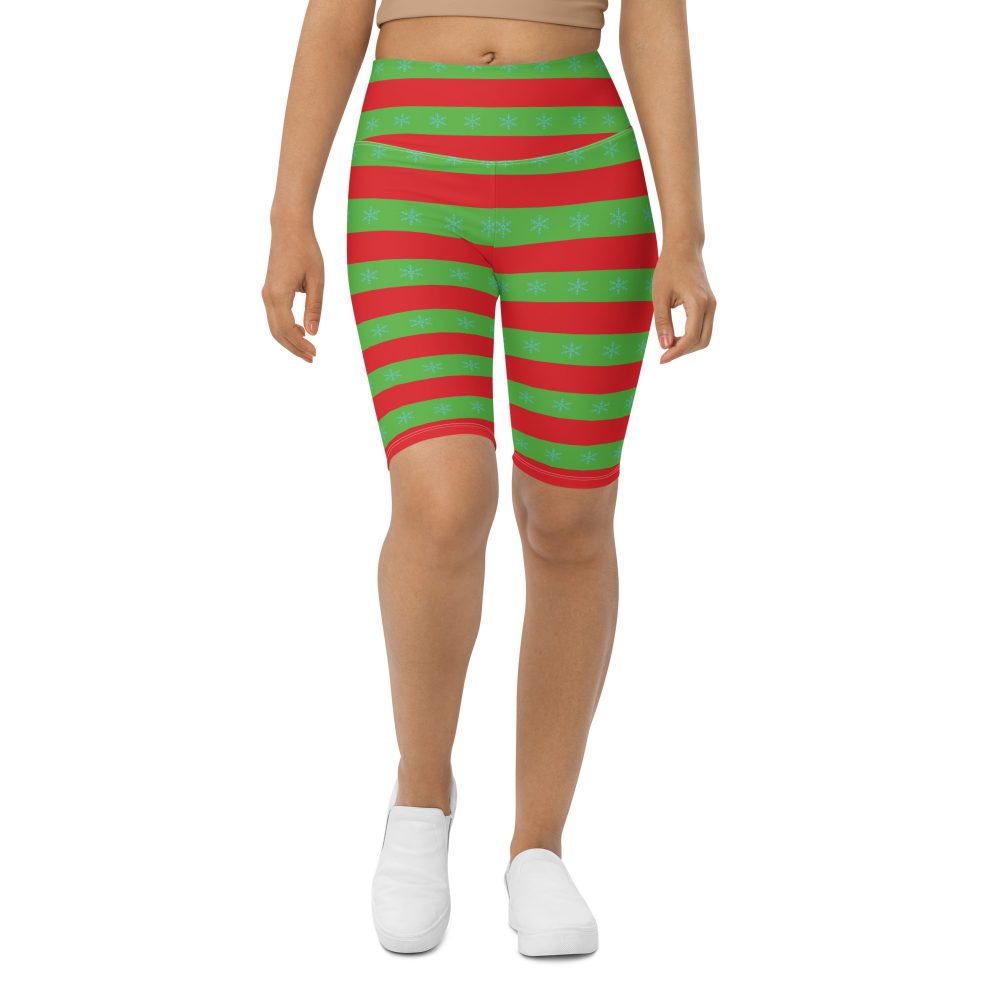 Christmas Bike Shorts Red and Green Striped with Snowflakes