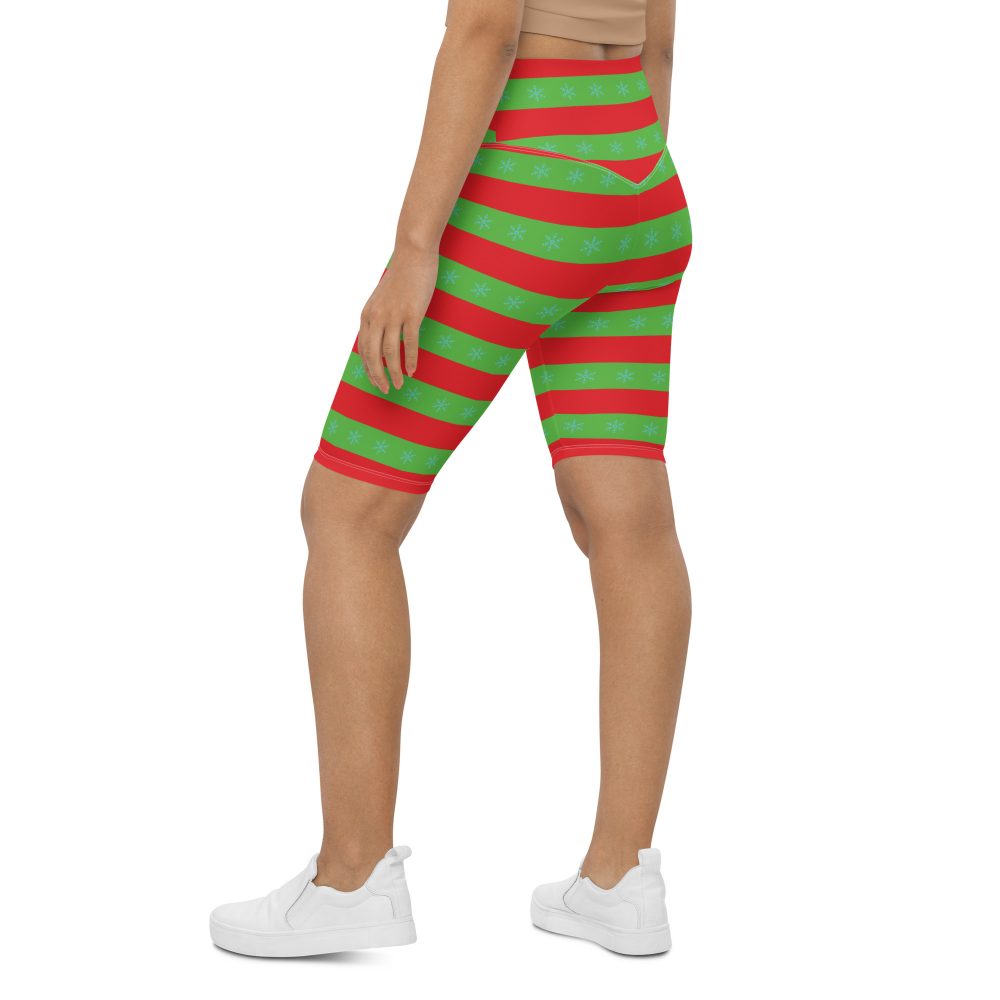 Christmas Bike Shorts Red and Green Striped with Snowflakes - Image 5