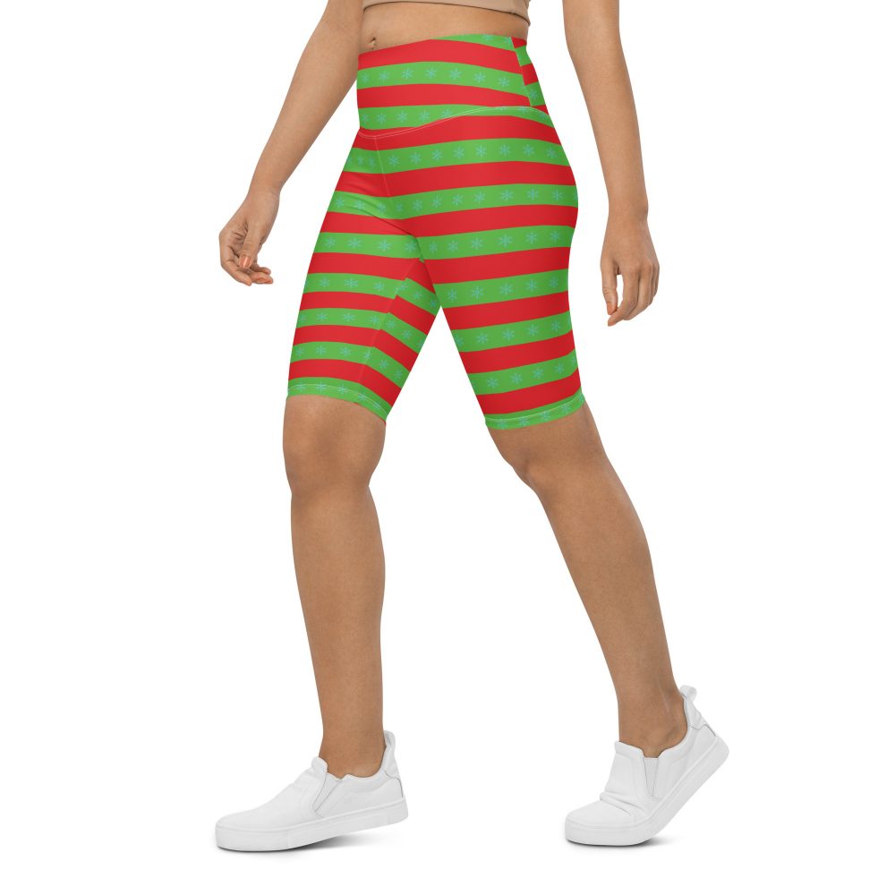 Christmas Bike Shorts Red and Green Striped with Snowflakes - Image 6