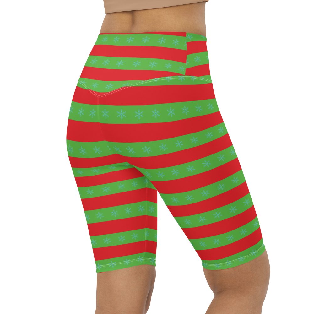 Christmas Bike Shorts Red and Green Striped with Snowflakes - Image 4