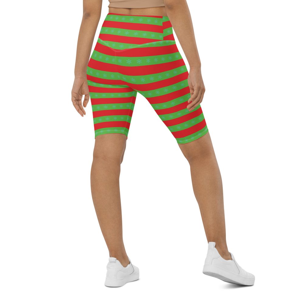 Christmas Bike Shorts Red and Green Striped with Snowflakes - Image 2