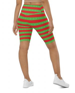 Christmas Bike Shorts Red and Green Striped with Snowflakes