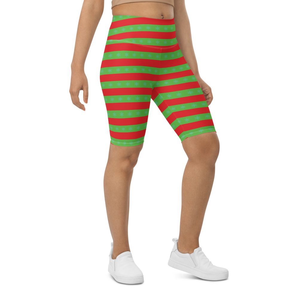 Christmas Bike Shorts Red and Green Striped with Snowflakes - Image 3