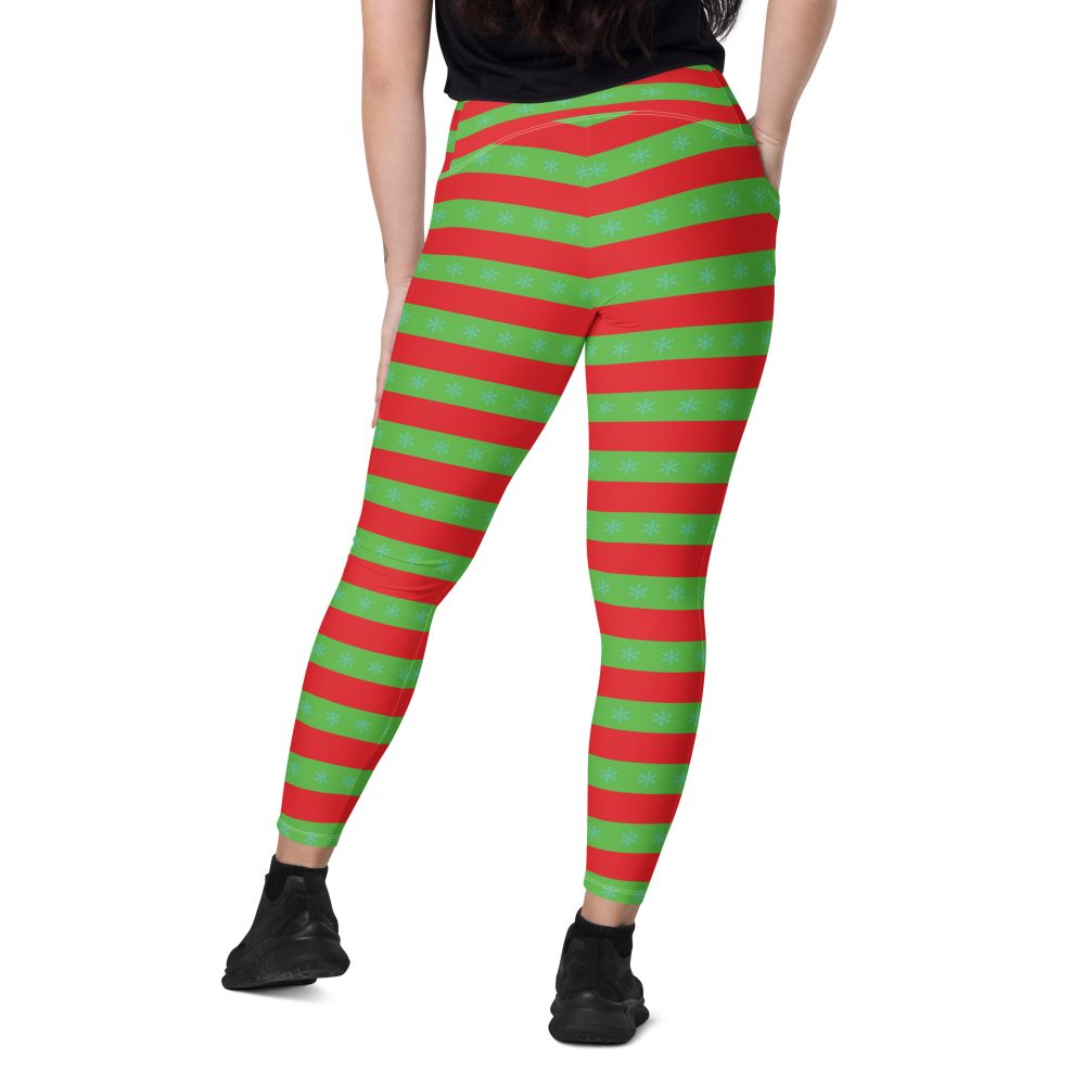 Christmas Crossover leggings with pockets Red and Green Striped with Snowflakes - Image 11