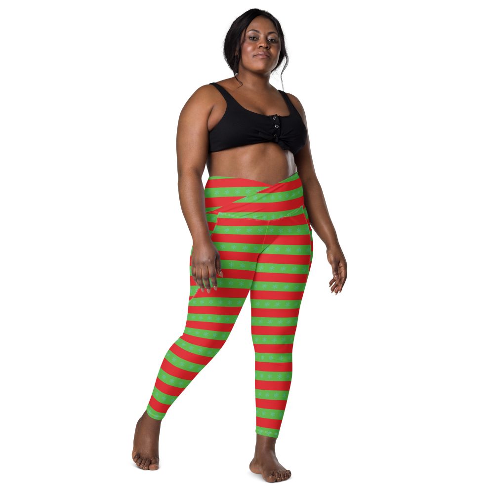 Christmas Crossover leggings with pockets Red and Green Striped with Snowflakes - Image 4