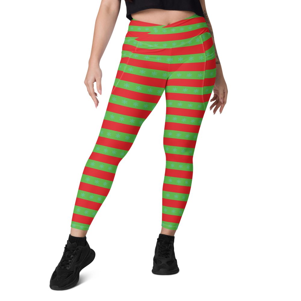 Christmas Crossover leggings with pockets Red and Green Striped with Snowflakes - Image 10