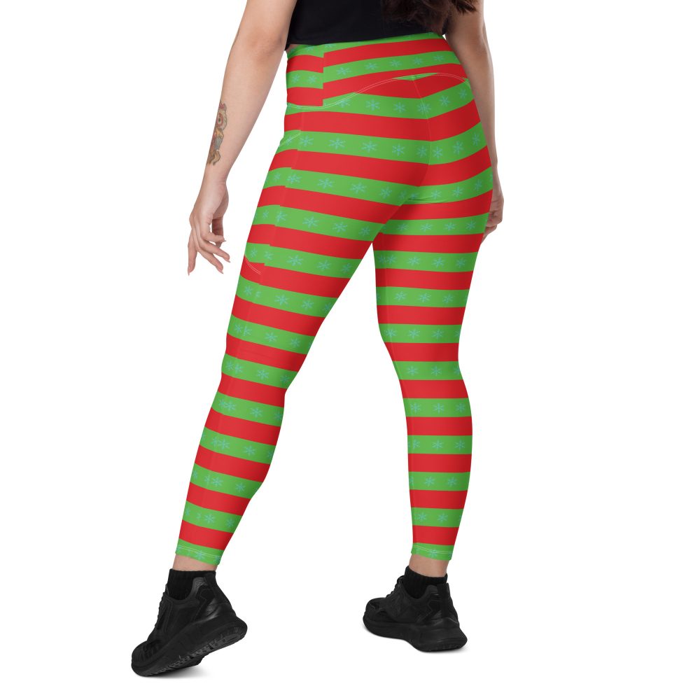 Christmas Crossover leggings with pockets Red and Green Striped with Snowflakes - Image 9