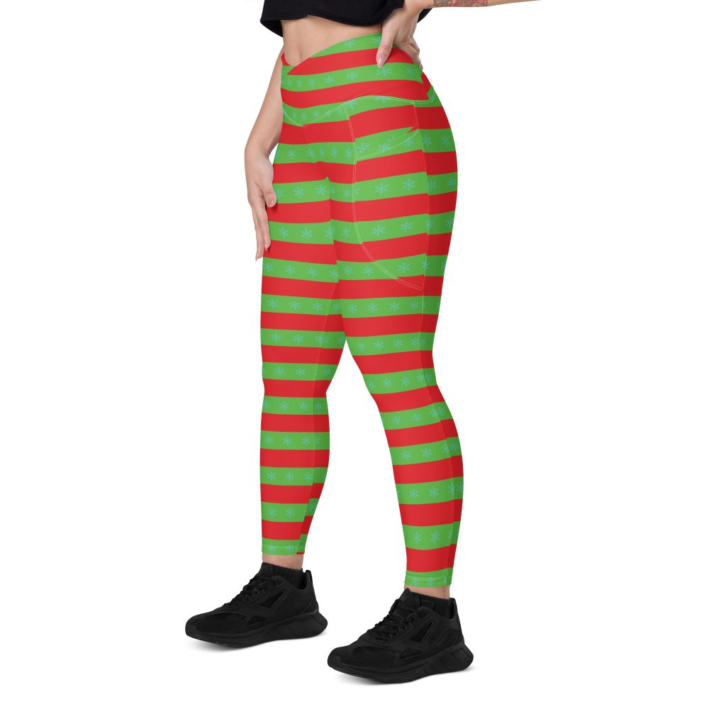 Christmas Crossover leggings with pockets Red and Green Striped with Snowflakes - Image 12