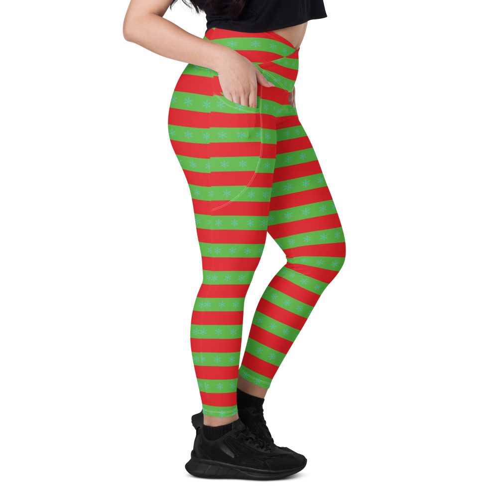 Christmas Crossover leggings with pockets Red and Green Striped with Snowflakes