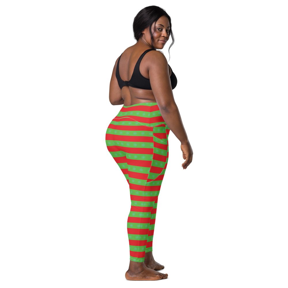 Christmas Crossover leggings with pockets Red and Green Striped with Snowflakes - Image 6