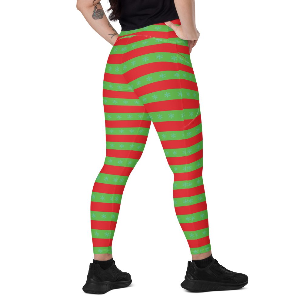 Christmas Crossover leggings with pockets Red and Green Striped with Snowflakes - Image 8