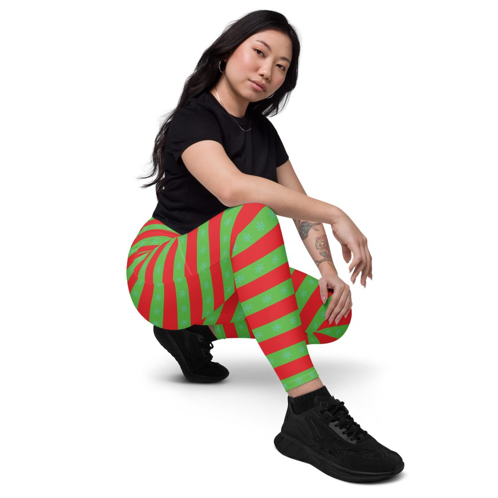 Christmas Crossover leggings with pockets Red and Green Striped with Snowflakes - Image 7