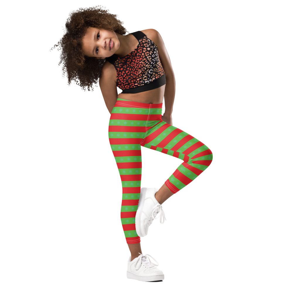 Christmas Kid's Leggings Red and Green Striped with Snowflakes - Image 2