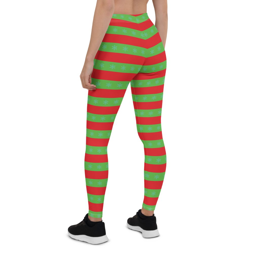 Christmas Leggings Red and Green Striped with Snowflakes - Image 3