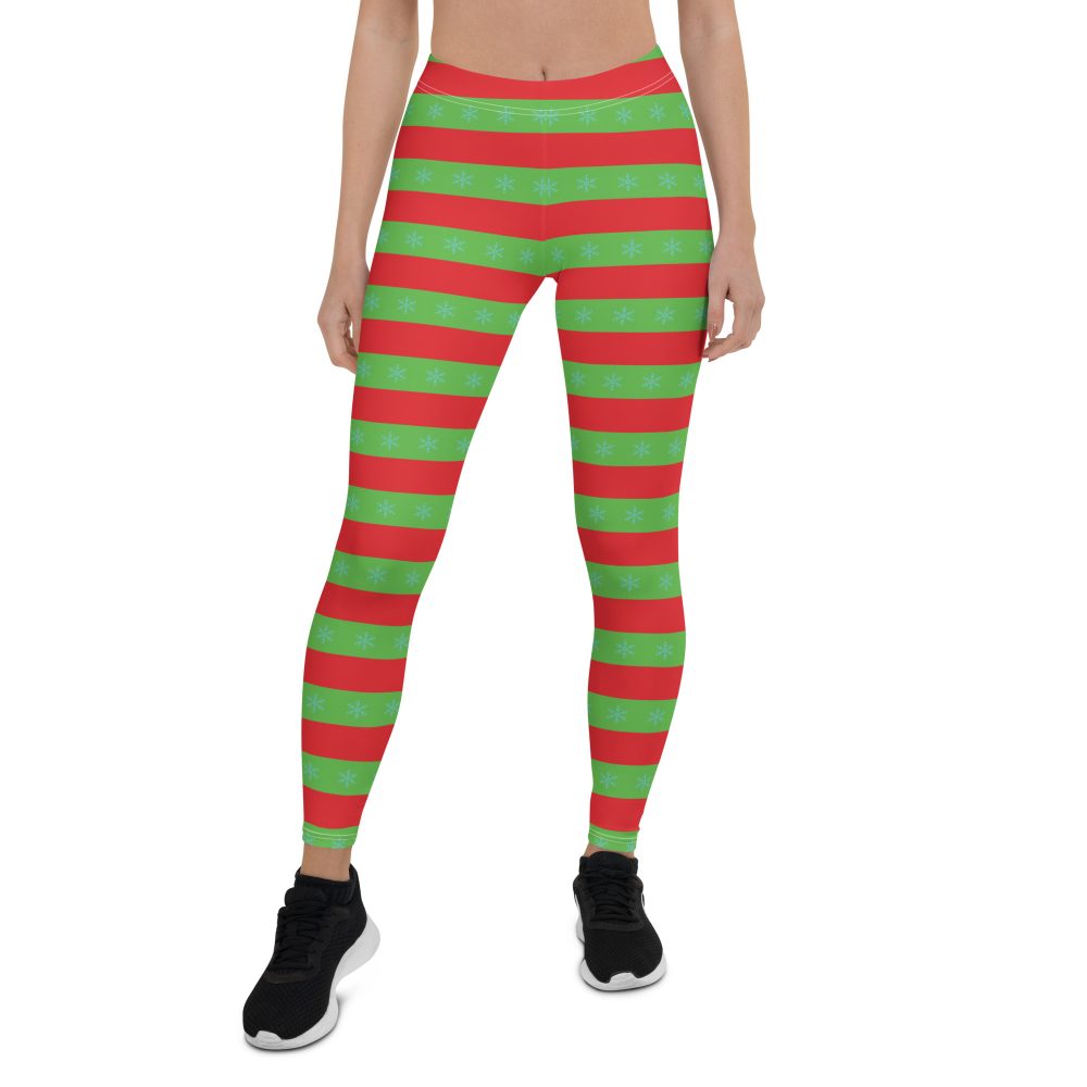 Christmas Leggings Red and Green Striped with Snowflakes