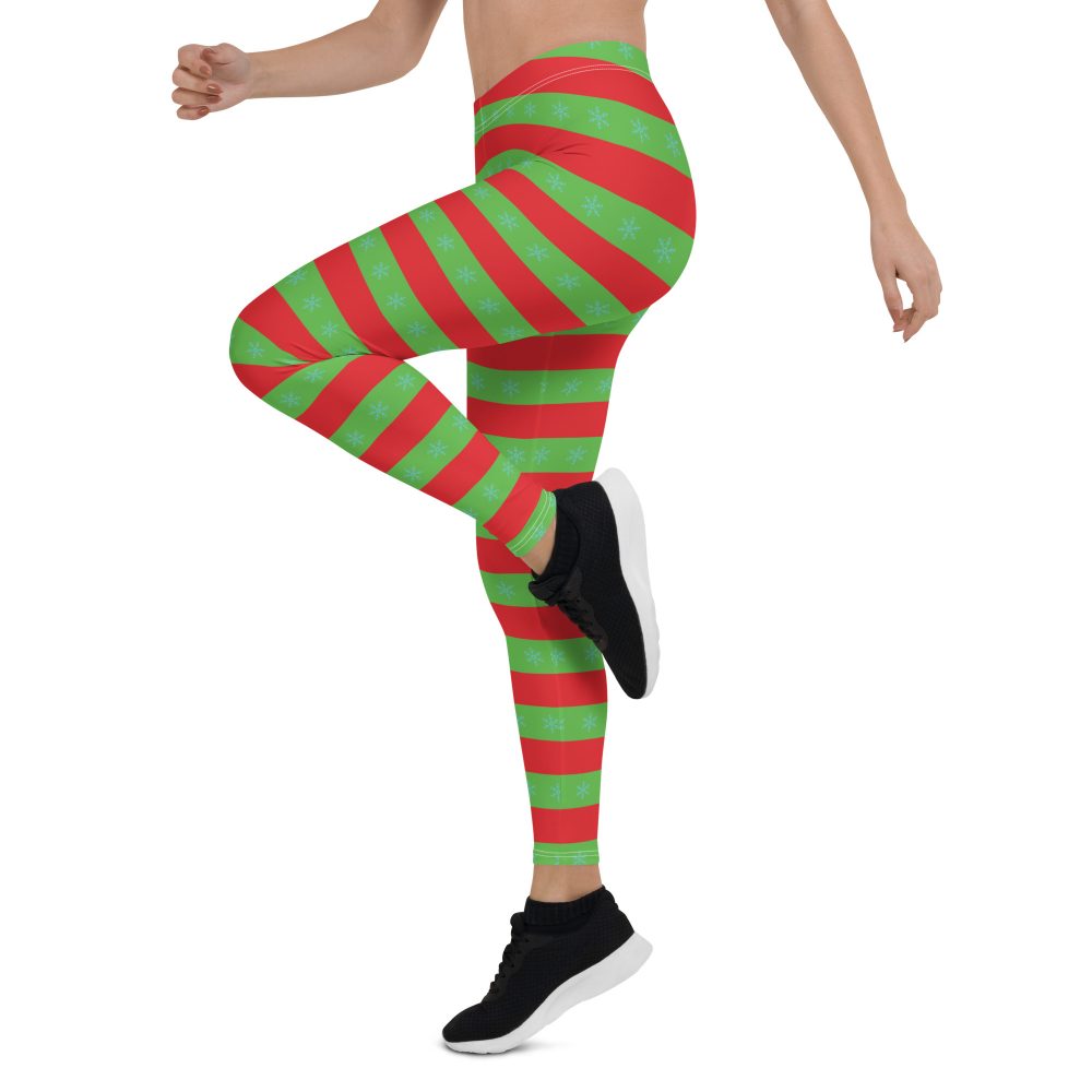 Christmas Leggings Red and Green Striped with Snowflakes - Image 5