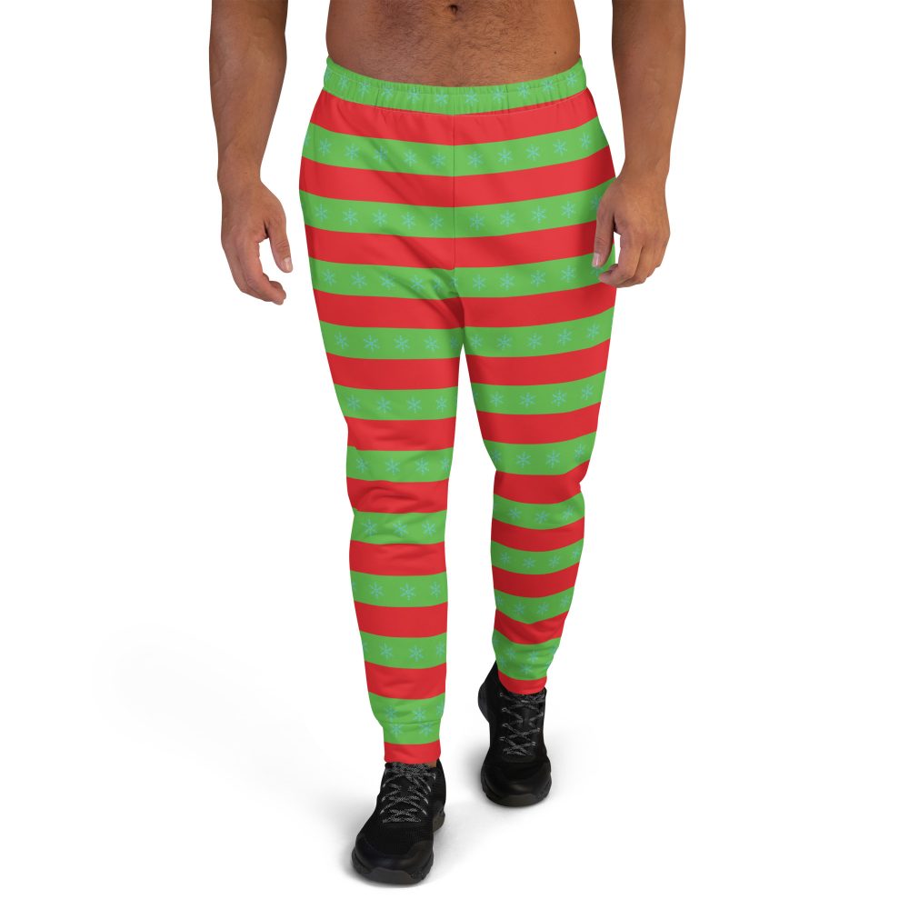 Men’s Christmas Joggers Red and Green Striped with Snowflakes