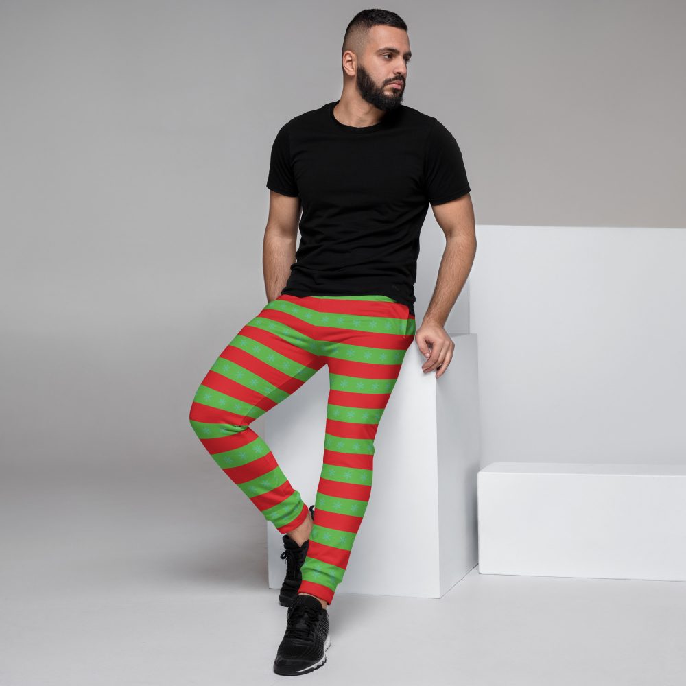 Men’s Christmas Joggers Red and Green Striped with Snowflakes - Image 2