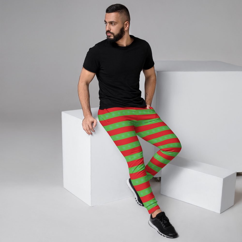 Men’s Christmas Joggers Red and Green Striped with Snowflakes - Image 3