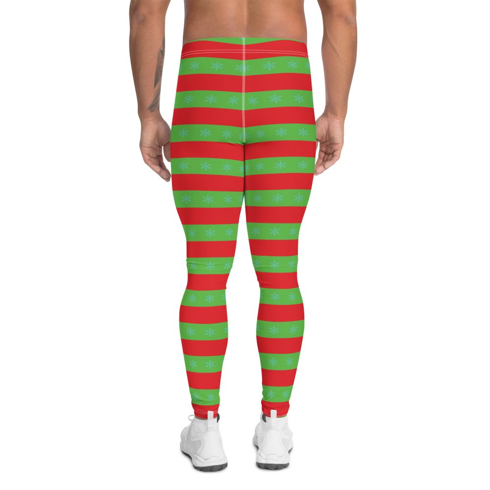 Men's Christmas Leggings Red and Green Striped with Snowflakes - Image 2