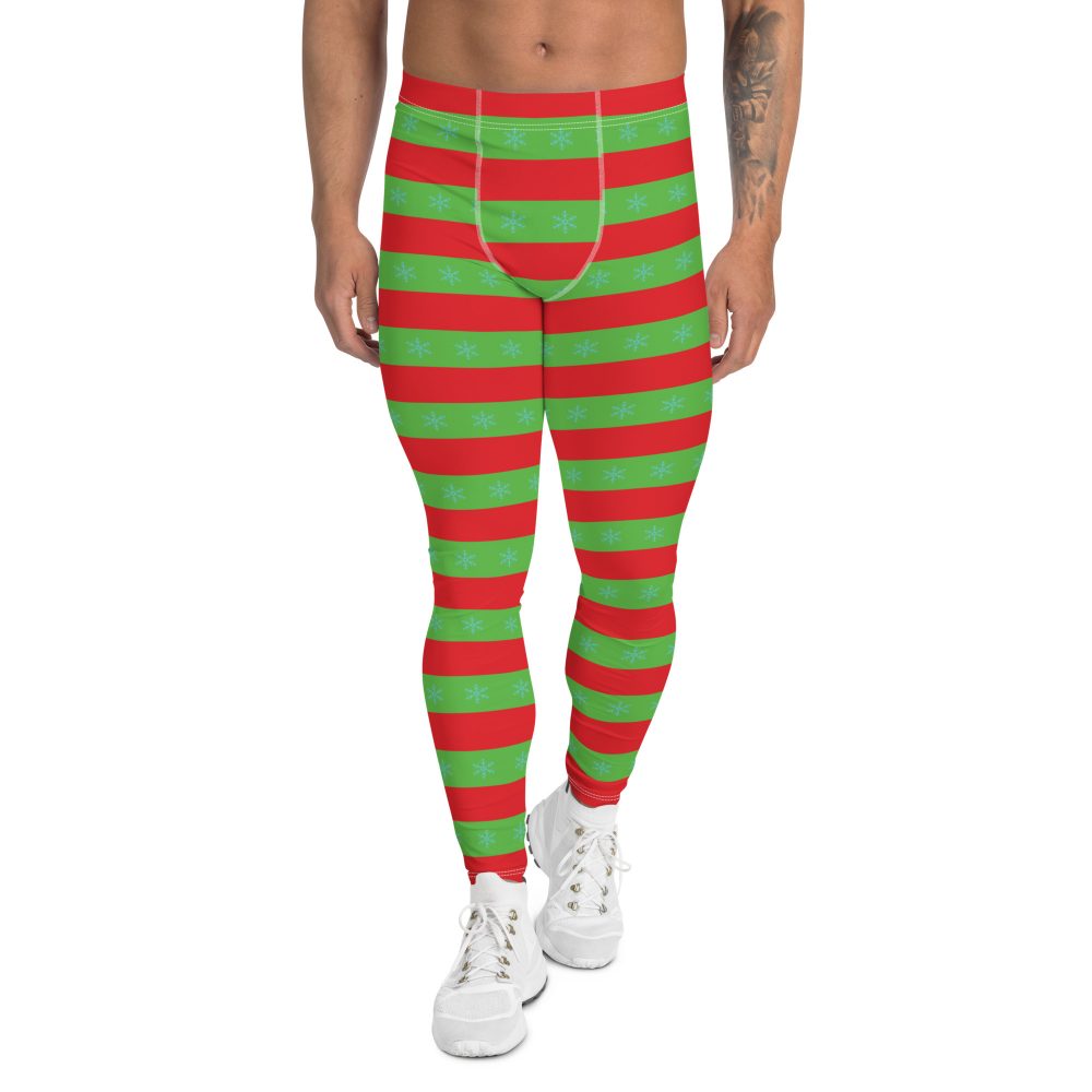 Men's Christmas Leggings Red and Green Striped with Snowflakes