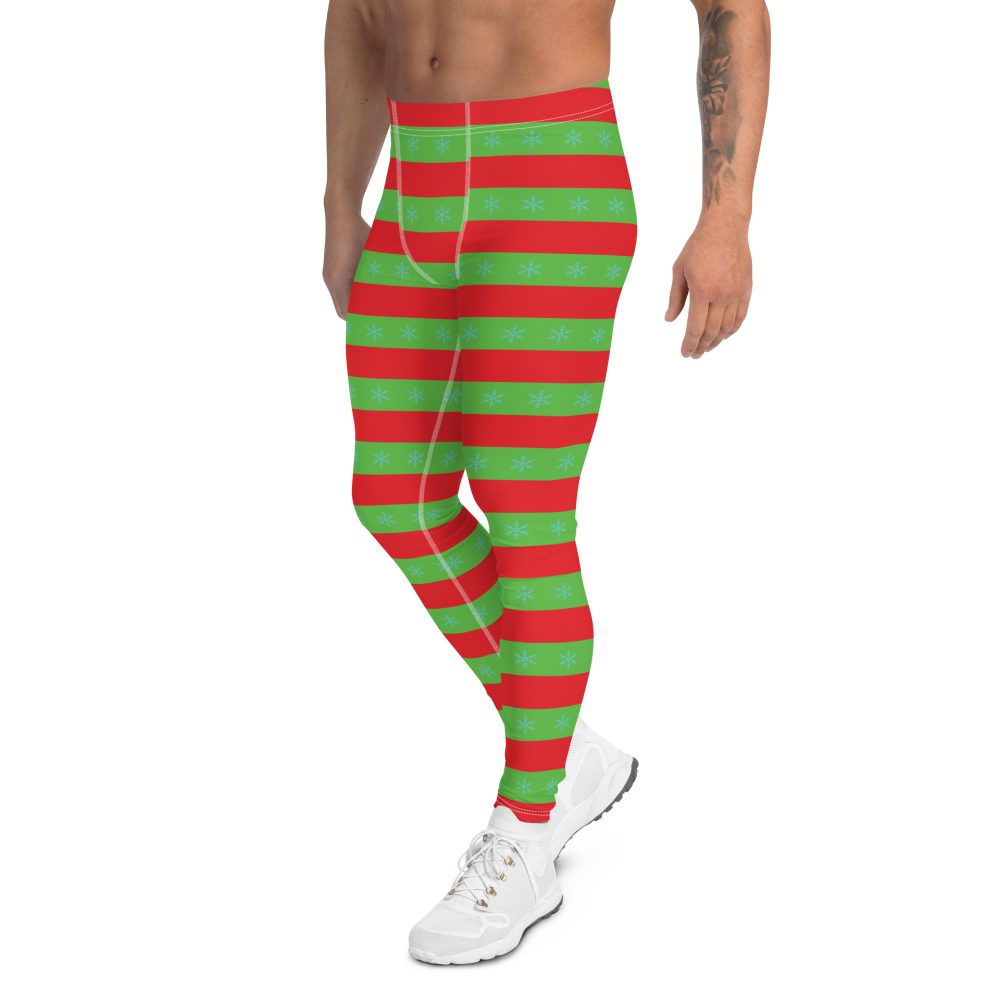 Men's Christmas Leggings Red and Green Striped with Snowflakes - Image 4