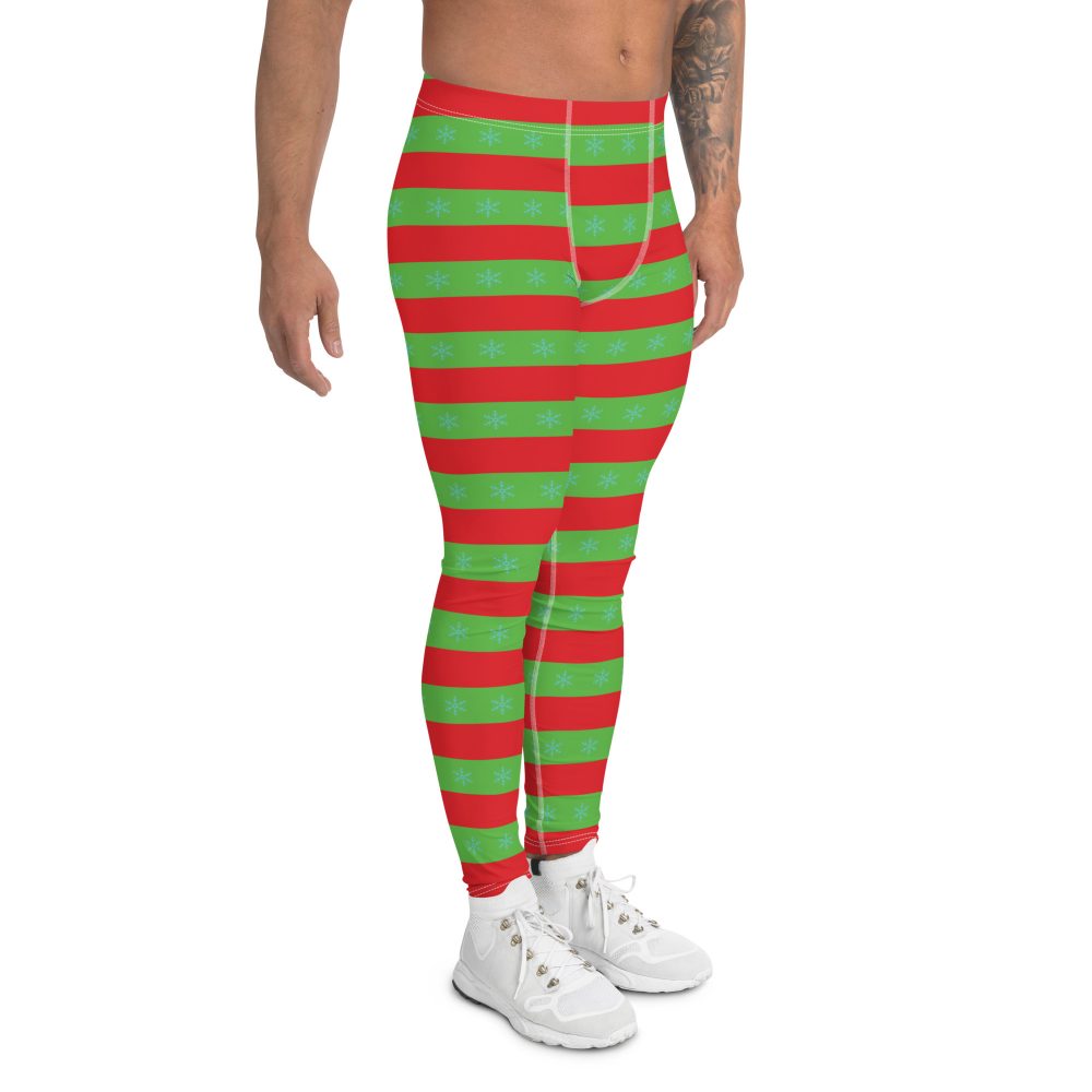 Men's Christmas Leggings Red and Green Striped with Snowflakes - Image 3