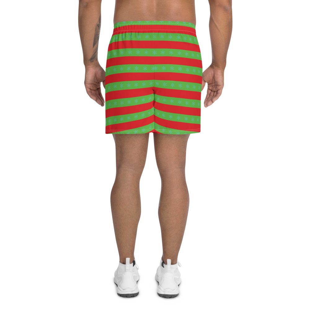 Men's Christmas Athletic Shorts Red Green Striped with Snowflakes - Image 5