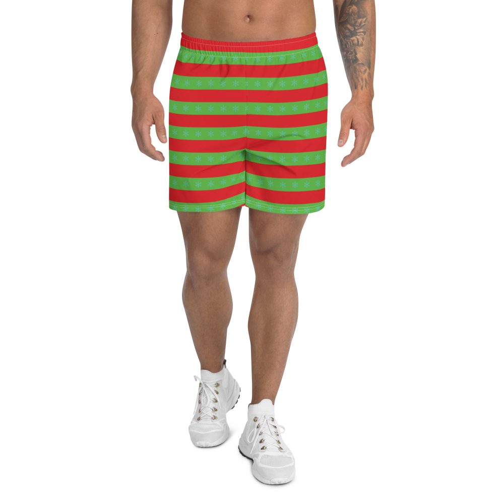 Men's Christmas Athletic Shorts Red Green Striped with Snowflakes