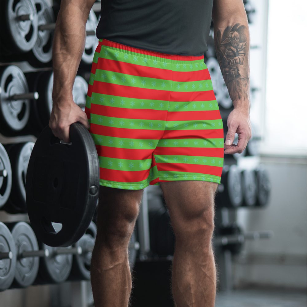 Men's Christmas Athletic Shorts Red Green Striped with Snowflakes - Image 2