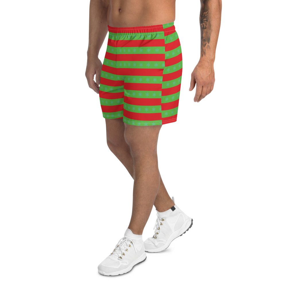 Men's Christmas Athletic Shorts Red Green Striped with Snowflakes - Image 4