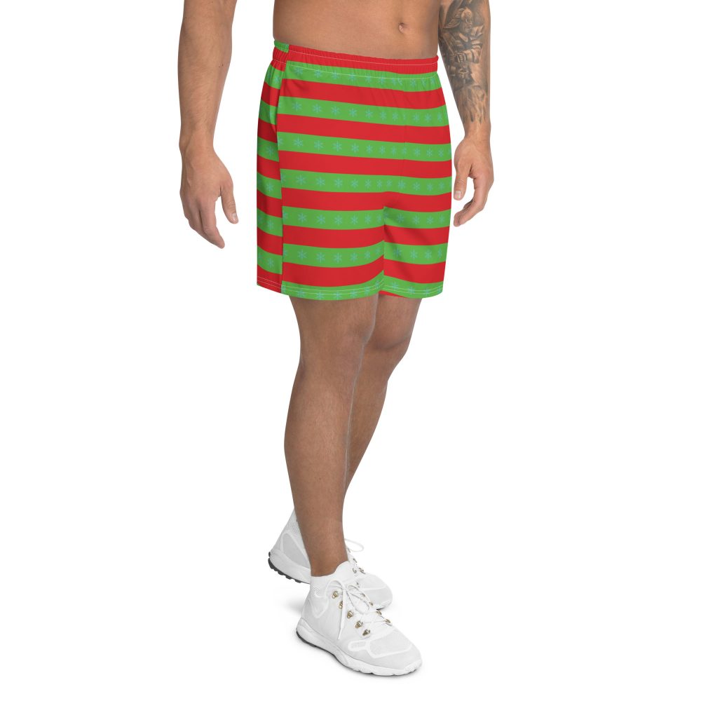 Men's Christmas Athletic Shorts Red Green Striped with Snowflakes - Image 3