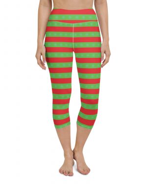 Christmas Yoga Capri Leggings Red and Green Striped with Snowflakes