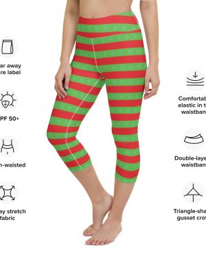 Christmas Yoga Capri Leggings Red and Green Striped with Snowflakes