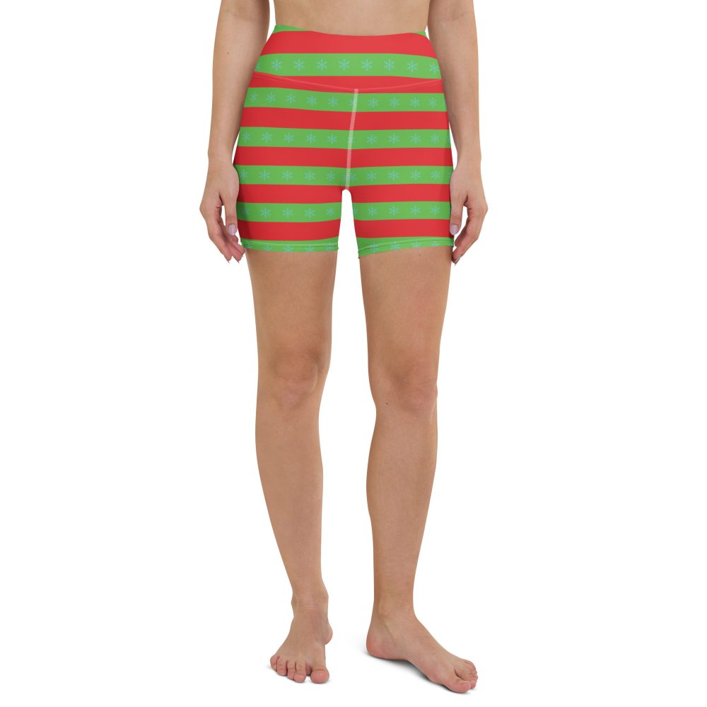 Christmas Yoga Shorts Red and Green Striped with Snowflakes